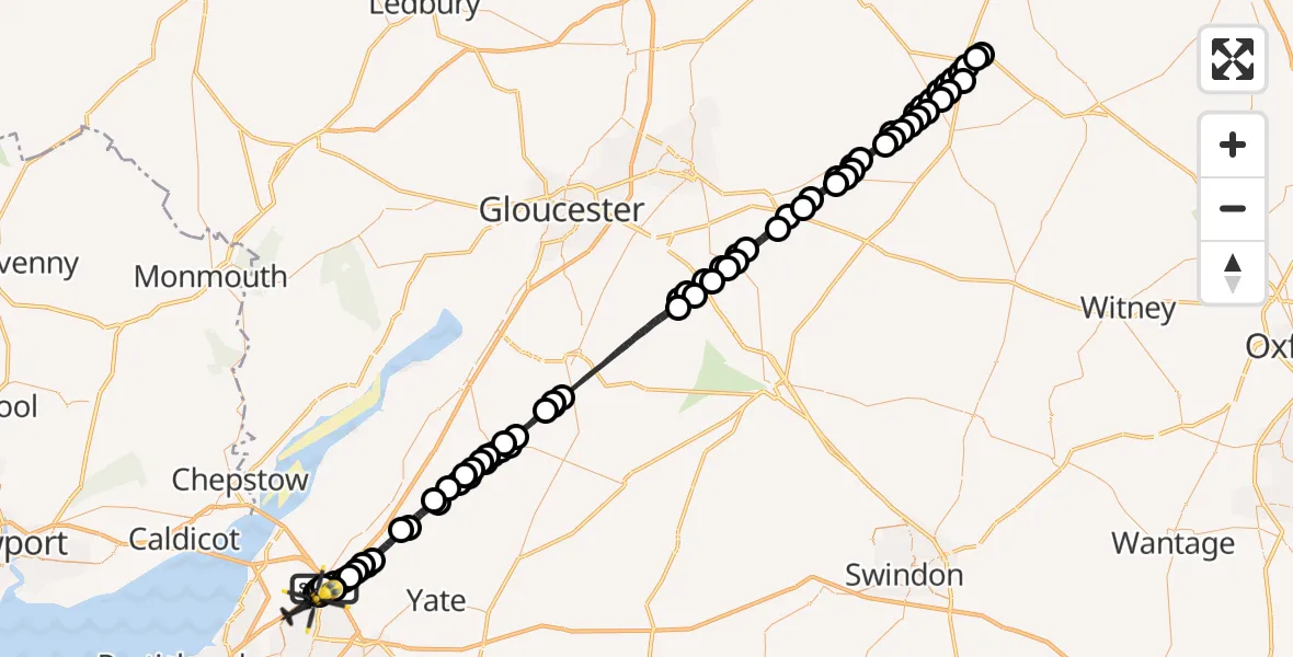 Flight route Police Helicopter Almondsbury Helicopter Base - Patchway, 24 July 2026, 01:00