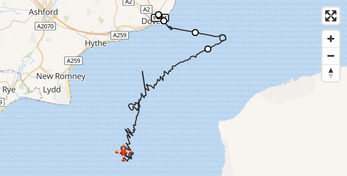 Flight route Coastguard Drone Langdon Battery Heliport - English Channel, 24 July 2026, 01:23