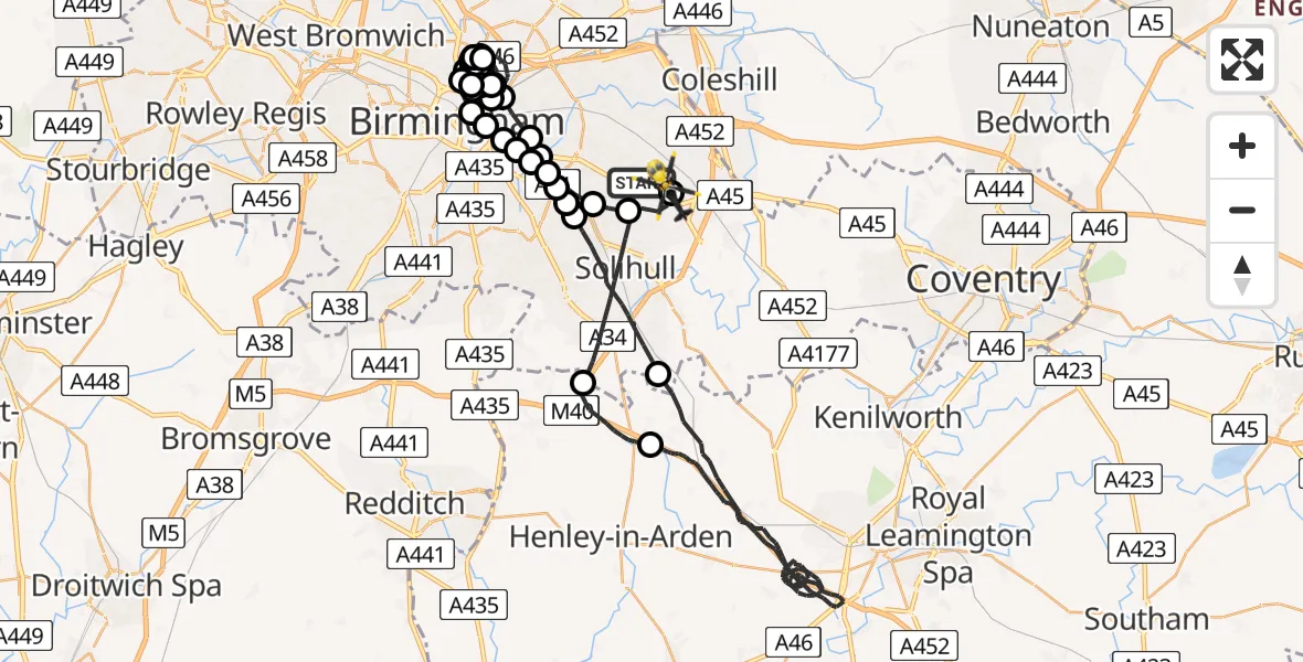Flight route Police Helicopter Sheldon - Birmingham Airport, 24 July 2026, 03:31