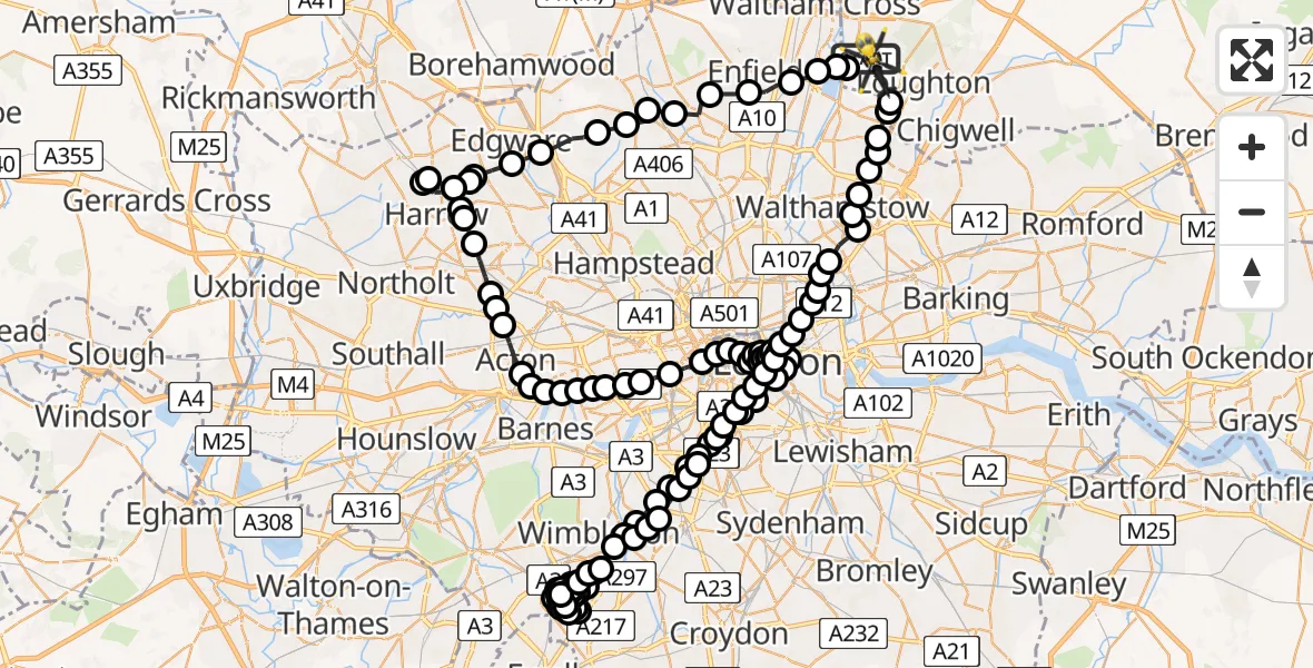 Flight route Police Helicopter Sewardstonebury - Metropolitan Police Air Support Unit Lippitts Hill, 24 July 2026, 03:55