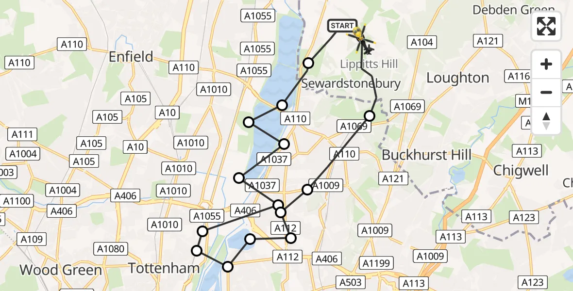 Flight route Police Helicopter Sewardstonebury - Sewardstonebury, 24 July 2026, 05:33