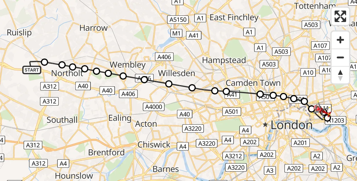 Flight route Air Ambulance Helicopter RAF Northolt - Royal London Hospital, 24 July 2026, 06:43