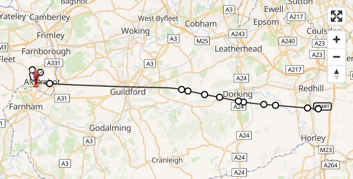 Flight route Air Ambulance Helicopter Redhill Aerodrome - Aldershot, 24 July 2026, 07:12