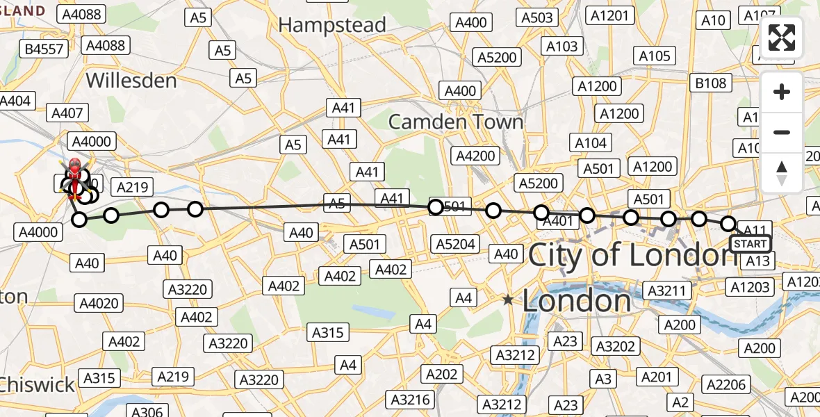 Flight route Air Ambulance Helicopter Royal London Hospital - Harlesden, 24 July 2026, 07:13