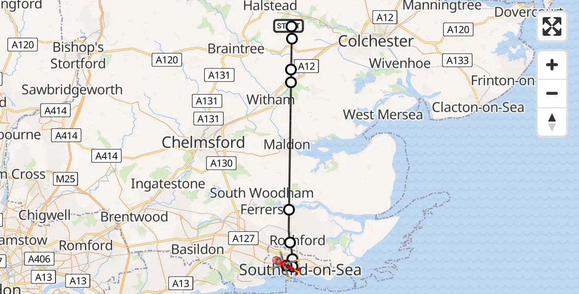 Flight route Air Ambulance Helicopter Earls Colne Airfield - Westcliff-on-Sea, 24 July 2026, 07:22