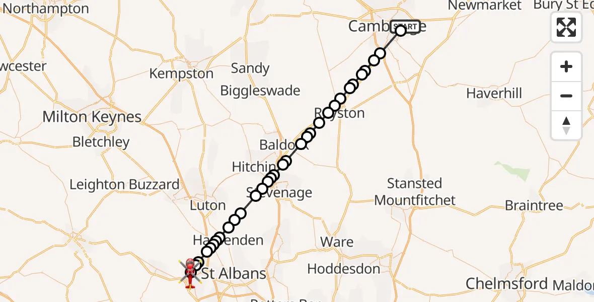 Flight route Air Ambulance Helicopter Cambridge City Airport - Hemel Hempstead, 24 July 2026, 07:54