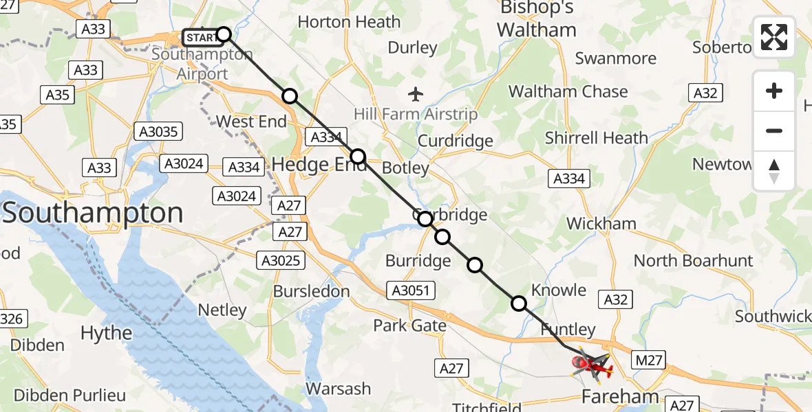 Flight route Air Ambulance Helicopter Southampton Airport - Fareham, 24 July 2026, 07:57
