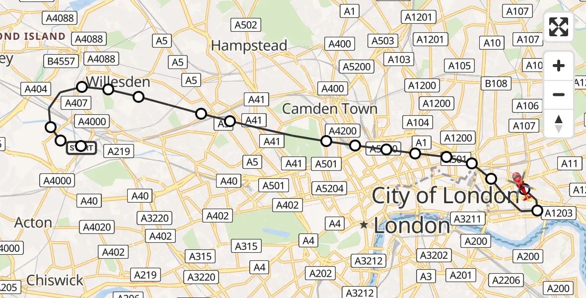 Flight route Air Ambulance Helicopter Ealing - Royal London Hospital, 24 July 2026, 07:57