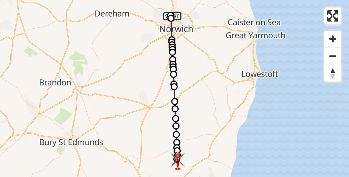 Flight route Air Ambulance Helicopter Norwich Airport - Hoo, 24 July 2026, 08:02
