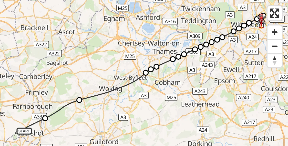 Flight route Air Ambulance Helicopter Aldershot - St Georges Hospital, 24 July 2026, 08:16