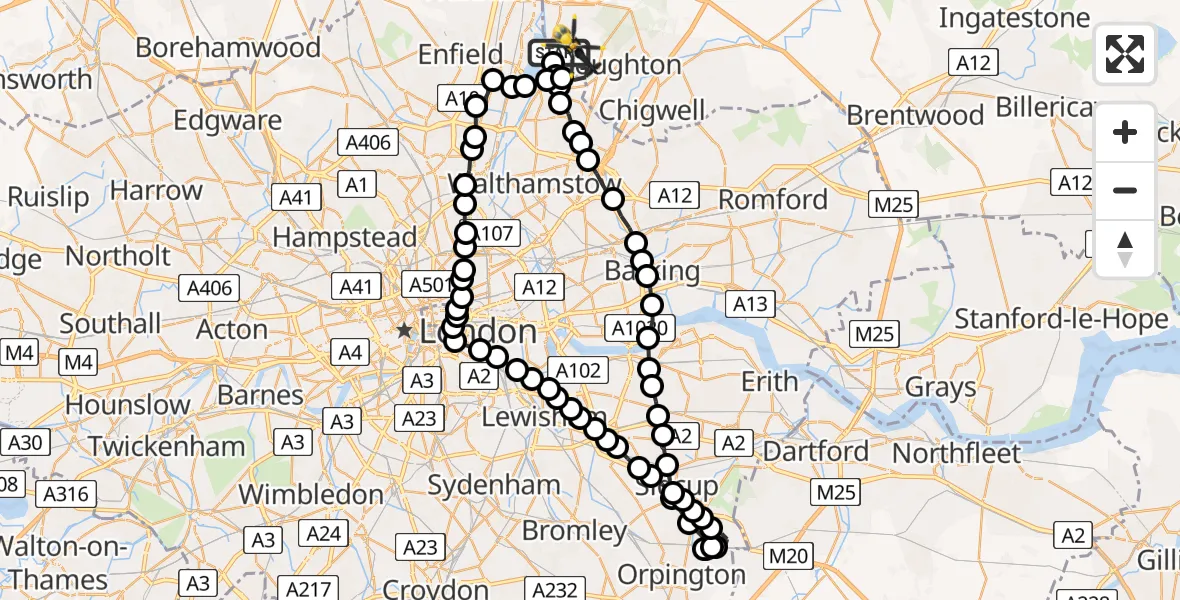 Flight route Police Helicopter Sewardstonebury - Metropolitan Police Air Support Unit Lippitts Hill, 24 July 2026, 08:27