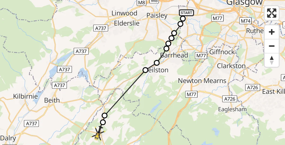 Flight route Police Helicopter Glasgow - Dunlop, 24 July 2026, 08:33