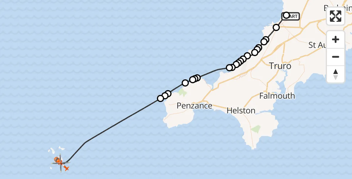 Flight route Coastguard Helicopter Cornwall Airport Newquay - North Atlantic Ocean, 24 July 2026, 08:48