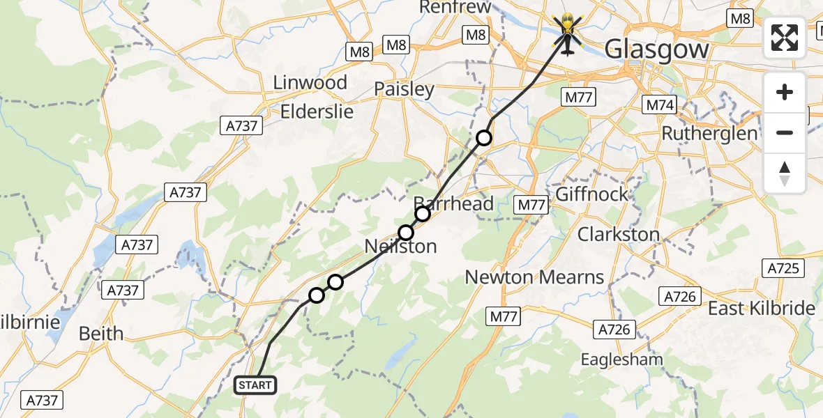 Flight route Police Helicopter Lugton - Glasgow, 24 July 2026, 08:50