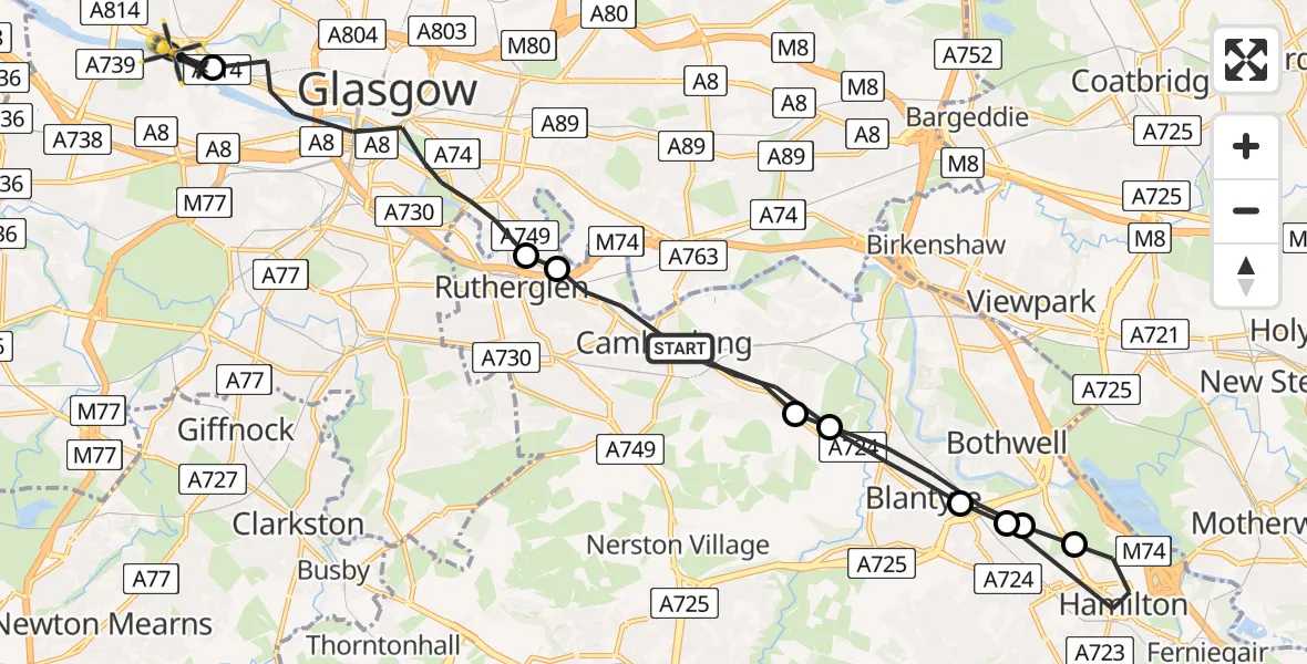 Flight route Police Helicopter Cambuslang - Glasgow, 24 July 2026, 08:58