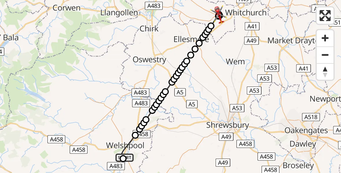 Flight route Air Ambulance Helicopter Welshpool Airport - Hanmer, 24 July 2026, 09:02