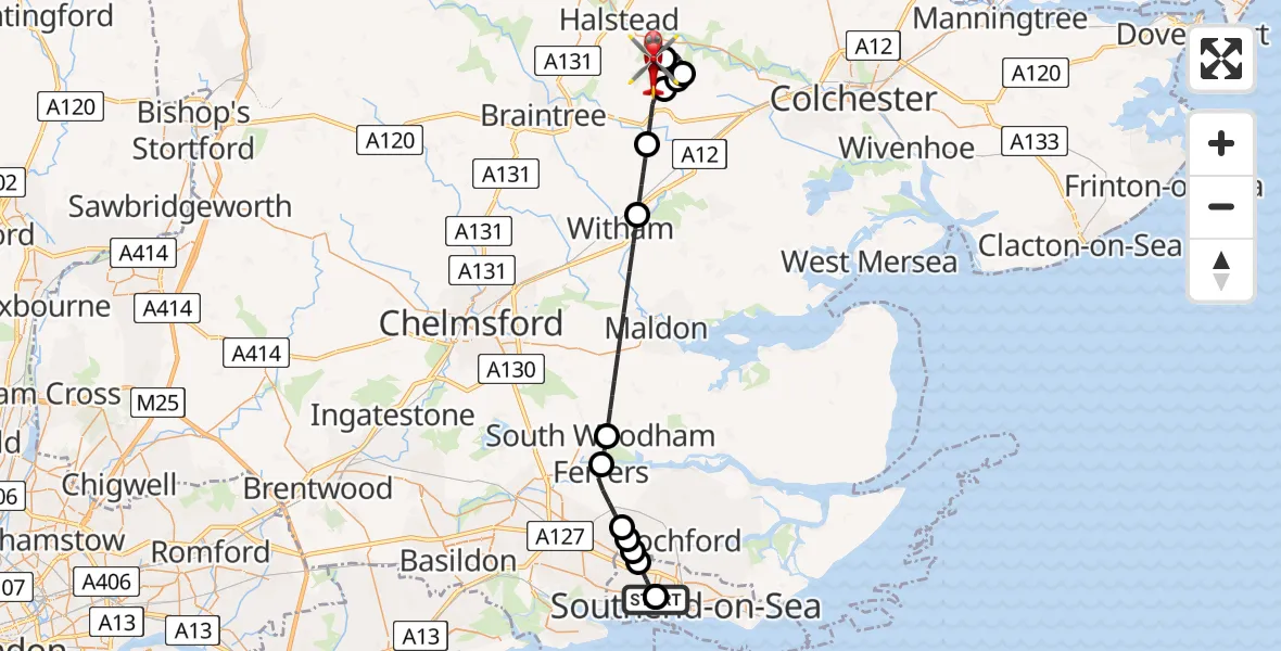 Flight route Air Ambulance Helicopter Leigh on Sea - Earls Colne Airfield, 24 July 2026, 09:13