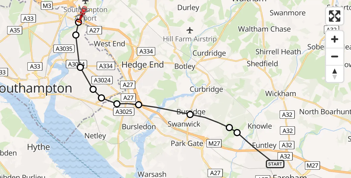 Flight route Air Ambulance Helicopter Fareham - Southampton Airport, 24 July 2026, 09:20