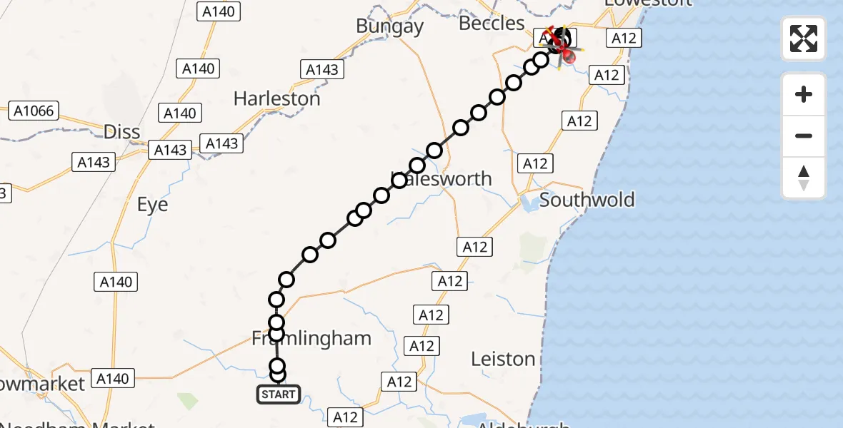 Flight route Air Ambulance Helicopter Hoo - Mutford, 24 July 2026, 09:23
