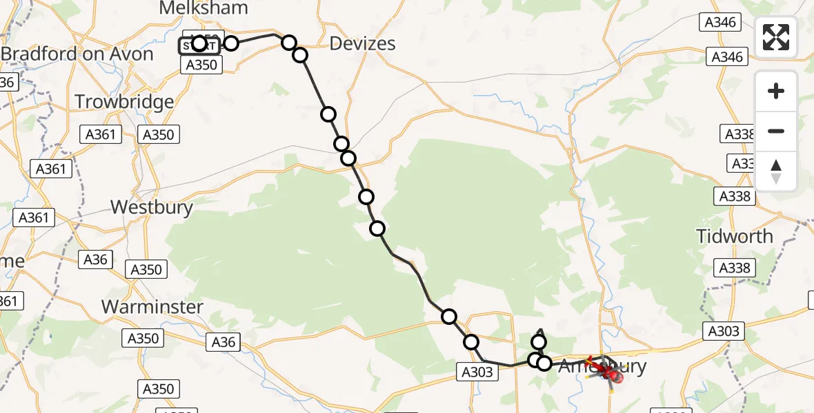 Flight route Air Ambulance Helicopter Wiltshire Air Ambulance - Amesbury, 24 July 2026, 09:23