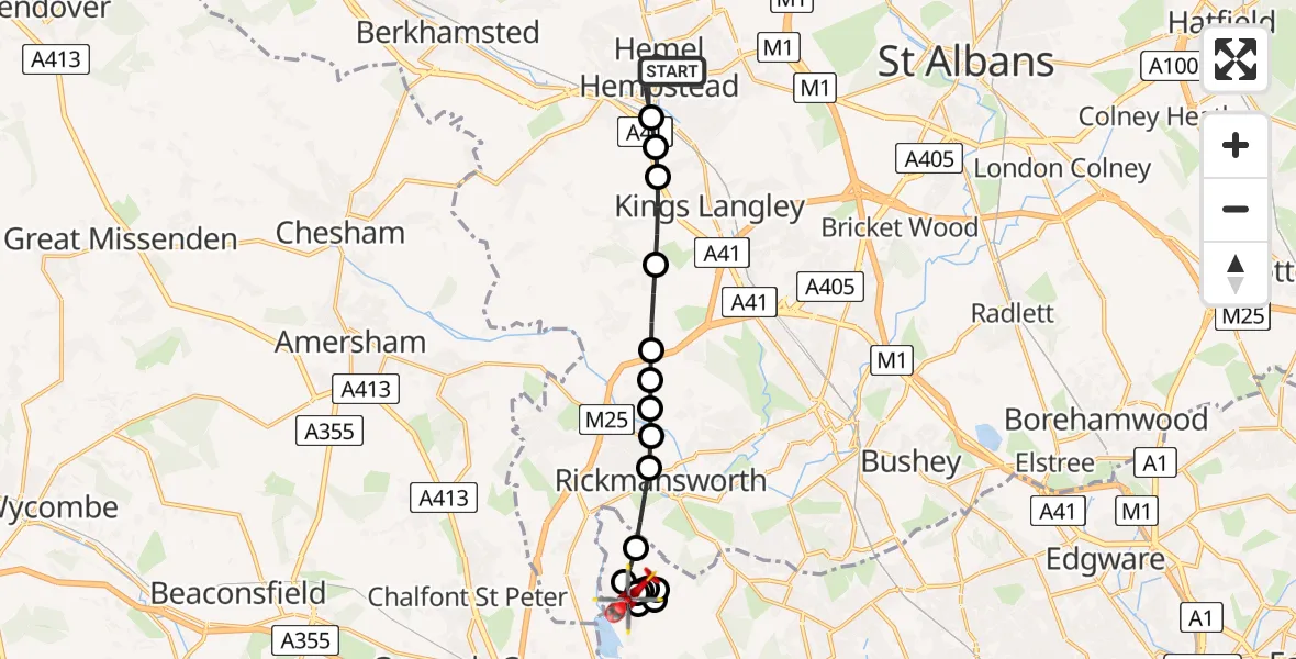 Flight route Air Ambulance Helicopter Hemel Hempstead - Harefield Hospital, 24 July 2026, 09:25