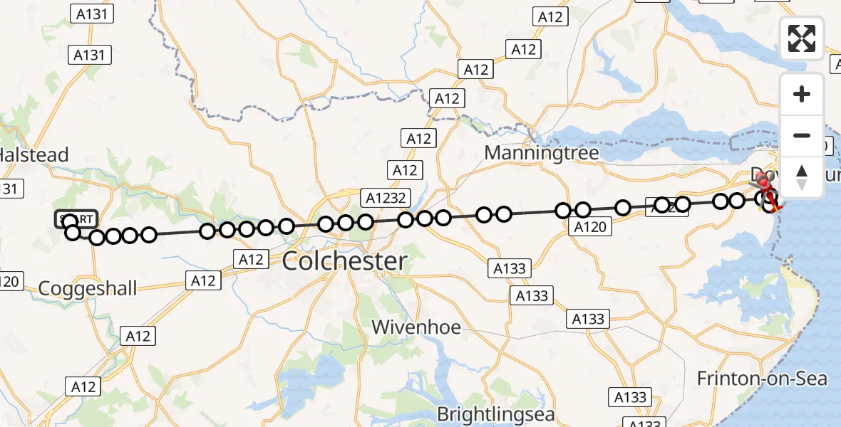 Flight route Air Ambulance Helicopter Earls Colne Airfield - Harwich, 24 July 2026, 09:48