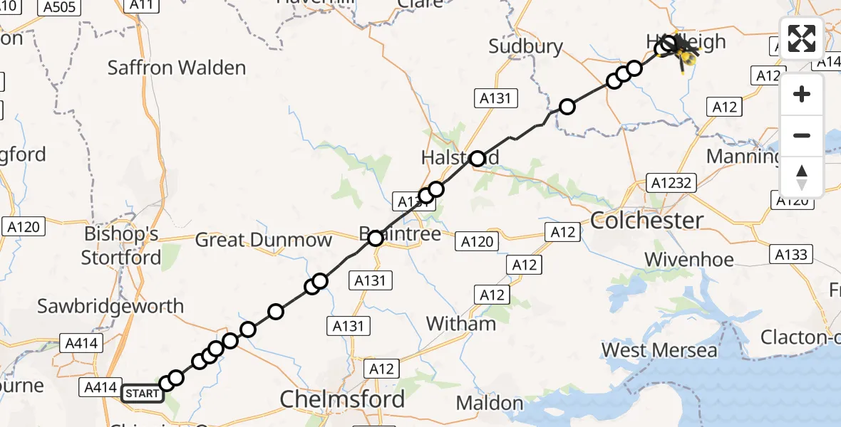 Flight route Police Helicopter Magdalen Laver - Hadleigh, 24 July 2026, 09:49