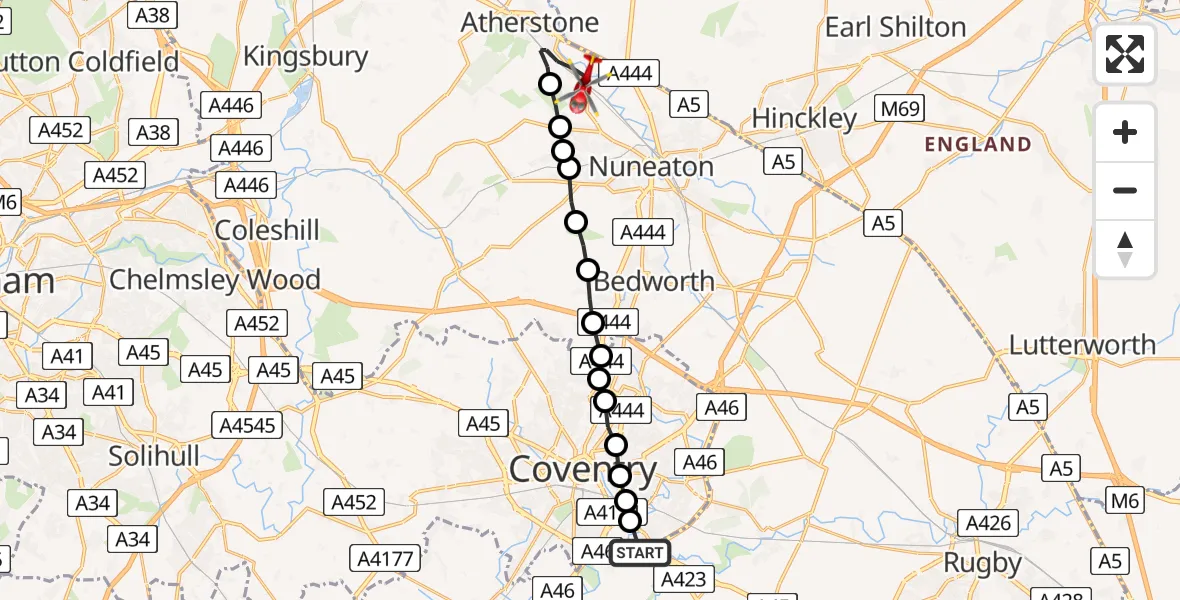 Flight route Air Ambulance Helicopter Coventry Airport - Atherstone, 24 July 2026, 09:58