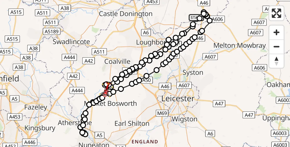 Flight route Air Ambulance Helicopter Willoughby on the Wolds - Shackerstone, 24 July 2026, 10:00