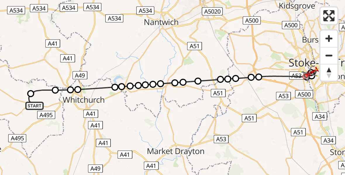 Flight route Air Ambulance Helicopter Hanmer - University Hospital North Staffs, 24 July 2026, 10:16