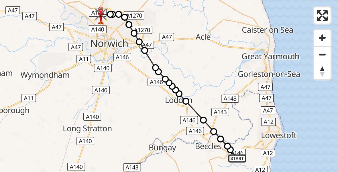 Flight route Air Ambulance Helicopter Mutford - Norwich Airport, 24 July 2026, 10:17