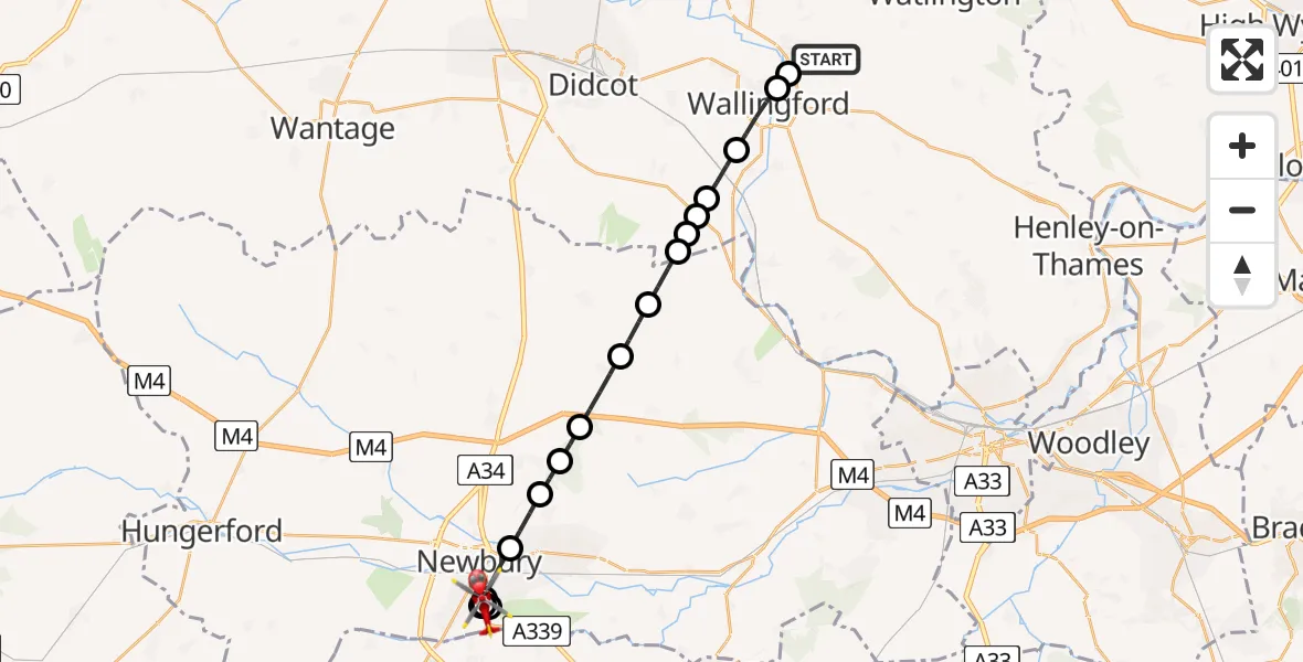 Flight route Air Ambulance Helicopter RAF Benson - Newbury, 24 July 2026, 10:20