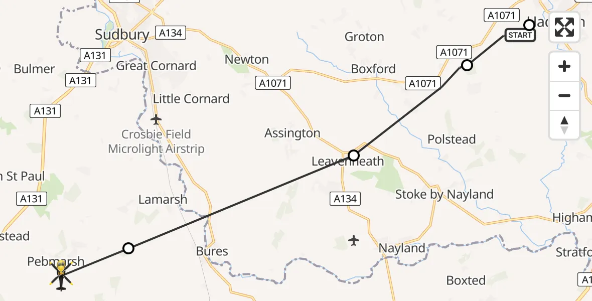 Flight route Police Helicopter Babergh - Braintree, 24 July 2026, 10:24