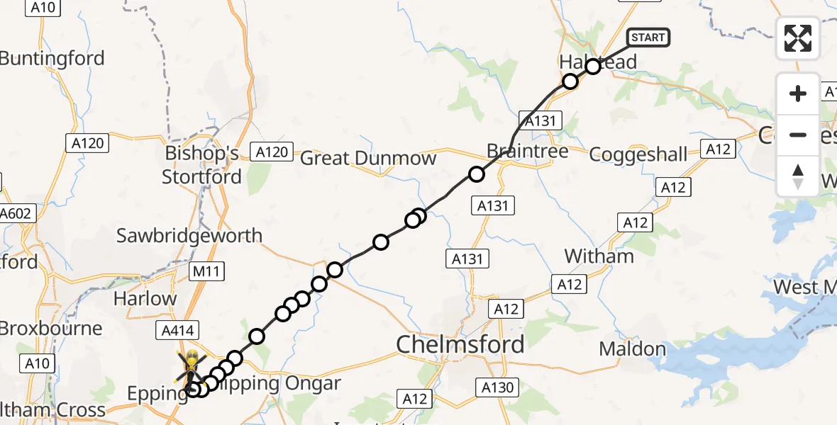 Flight route Police Helicopter Braintree - North Weald Airfield, 24 July 2026, 10:30