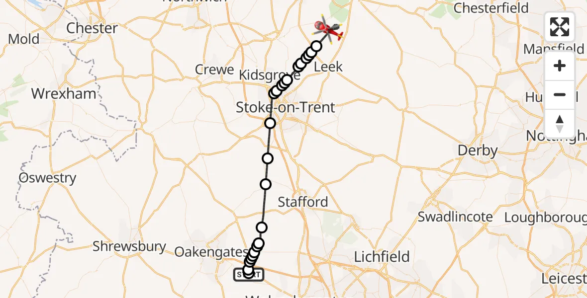 Flight route Air Ambulance Helicopter RAF Cosford - Staffordshire Moorlands, 24 July 2026, 10:40