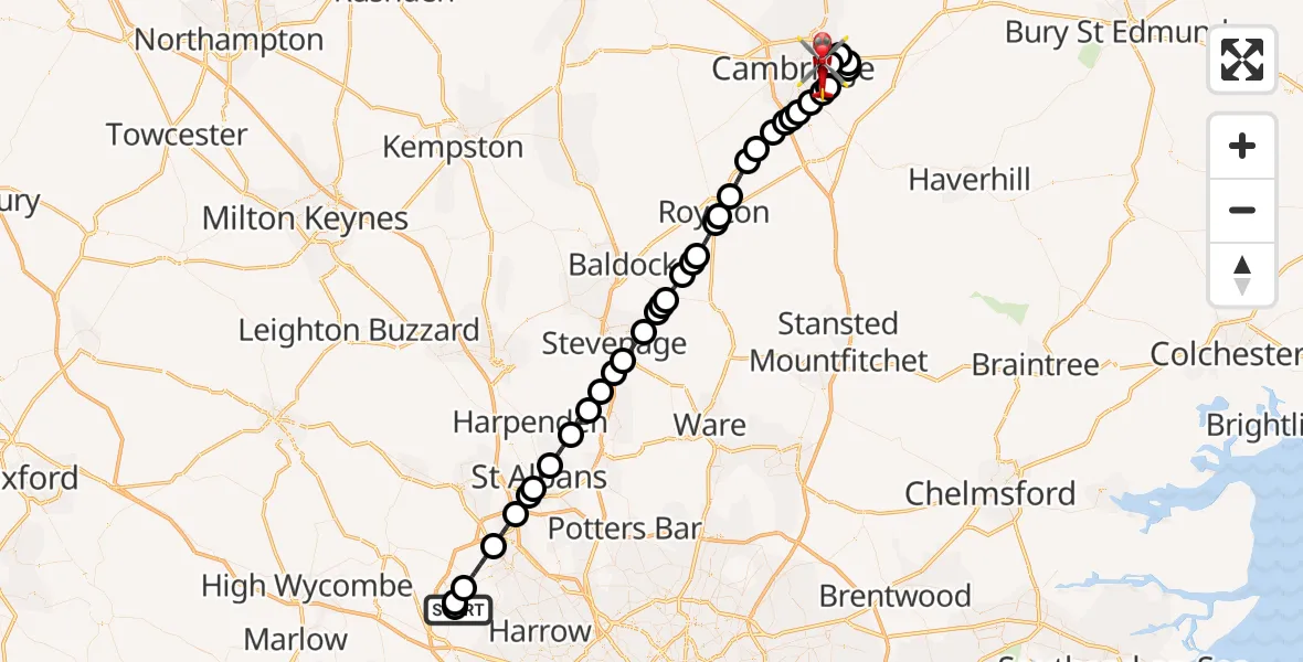 Flight route Air Ambulance Helicopter Harefield Hospital - Cambridge City Airport, 24 July 2026, 10:43