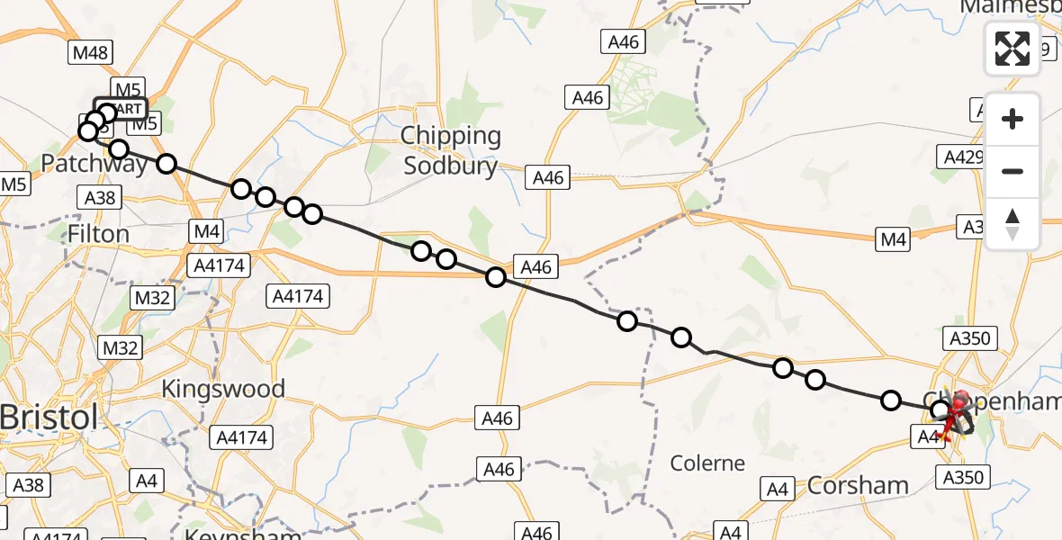 Flight route Air Ambulance Helicopter Almondsbury Helicopter Base - Chippenham, 24 July 2026, 10:43