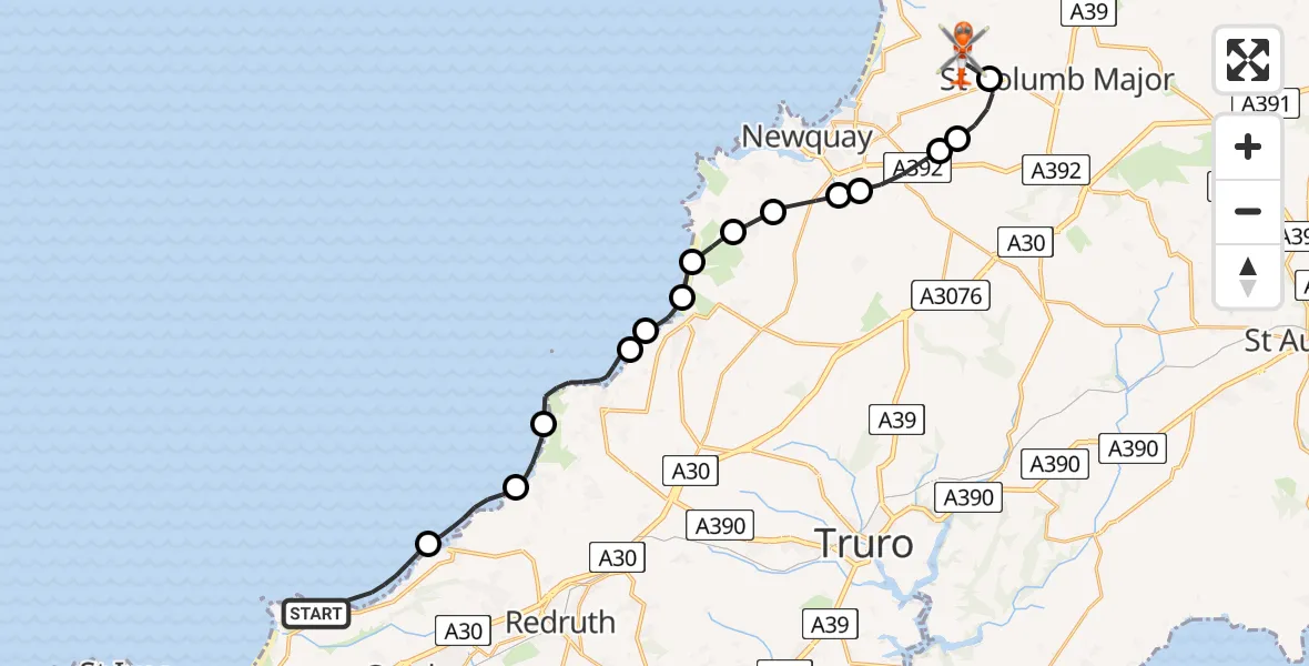 Flight route Coastguard Helicopter Camborne - Cornwall Airport Newquay, 24 July 2026, 10:44