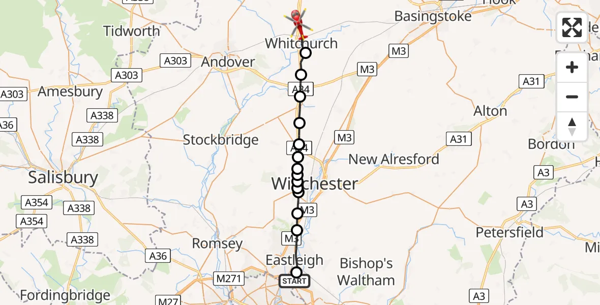 Flight route Air Ambulance Helicopter Southampton Airport - Whitchurch, 24 July 2026, 10:53