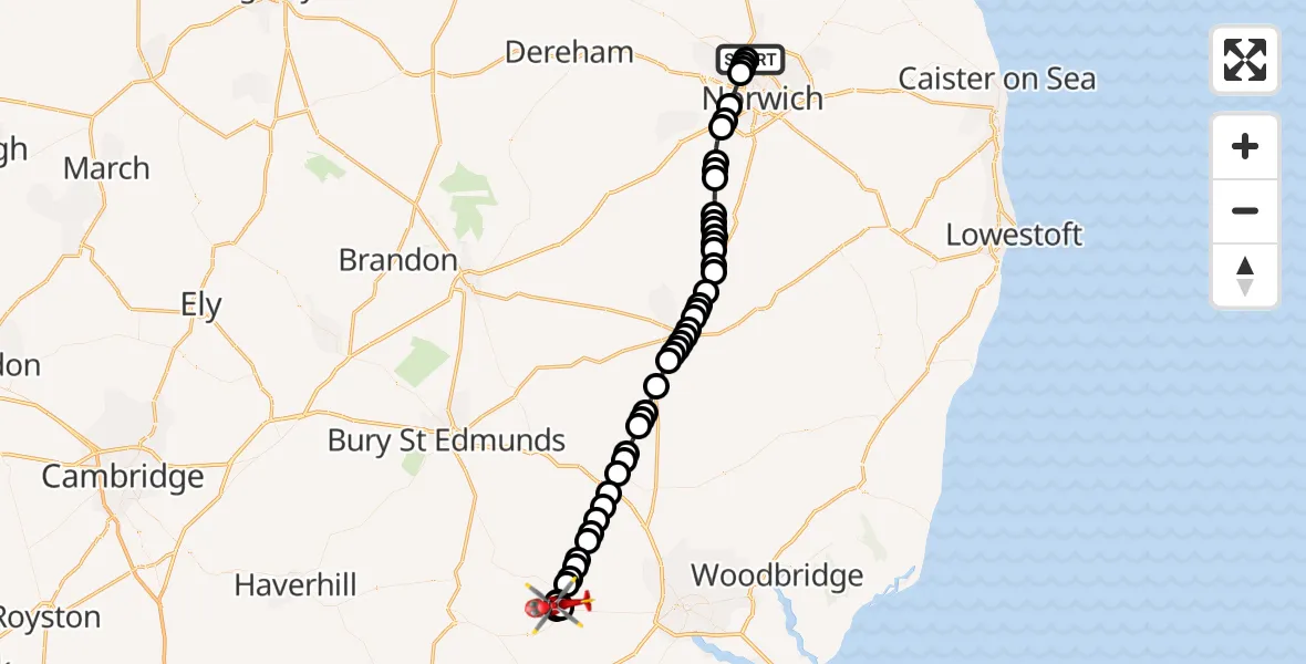 Flight route Air Ambulance Helicopter Norwich Airport - Kersey, 24 July 2026, 10:56
