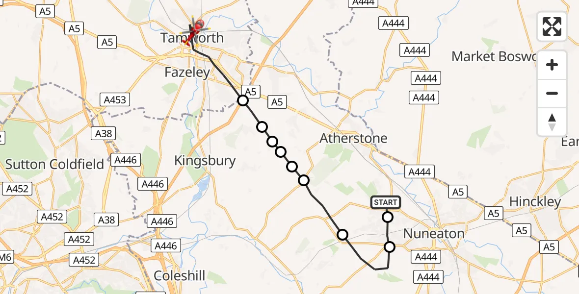 Flight route Air Ambulance Helicopter Ansley Common - Tamworth, 24 July 2026, 11:00