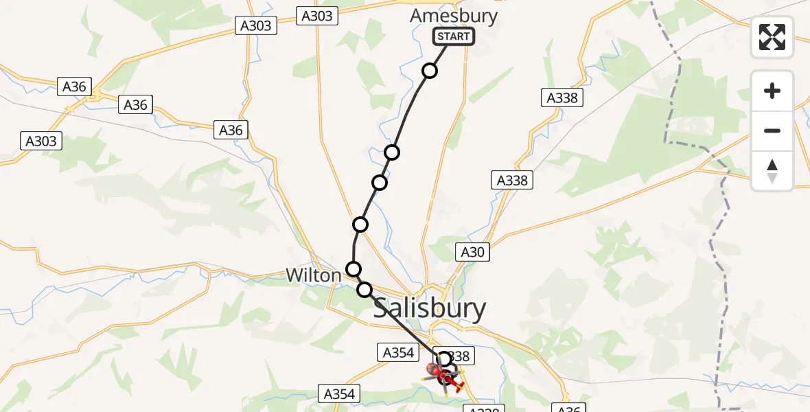 Flight route Air Ambulance Helicopter Amesbury - Salisbury District Hospital, 24 July 2026, 11:11