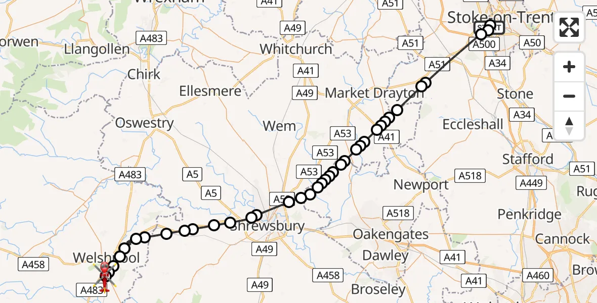 Flight route Air Ambulance Helicopter University Hospital North Staffs - Welshpool Airport, 24 July 2026, 11:15
