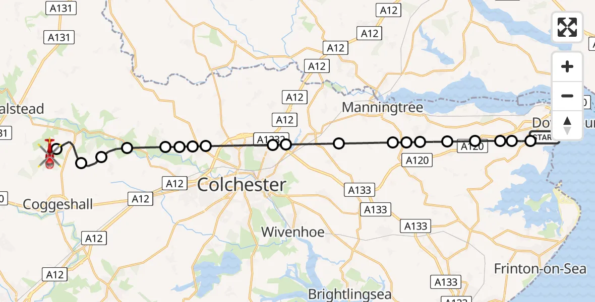 Flight route Air Ambulance Helicopter Harwich - Earls Colne Airfield, 24 July 2026, 11:17