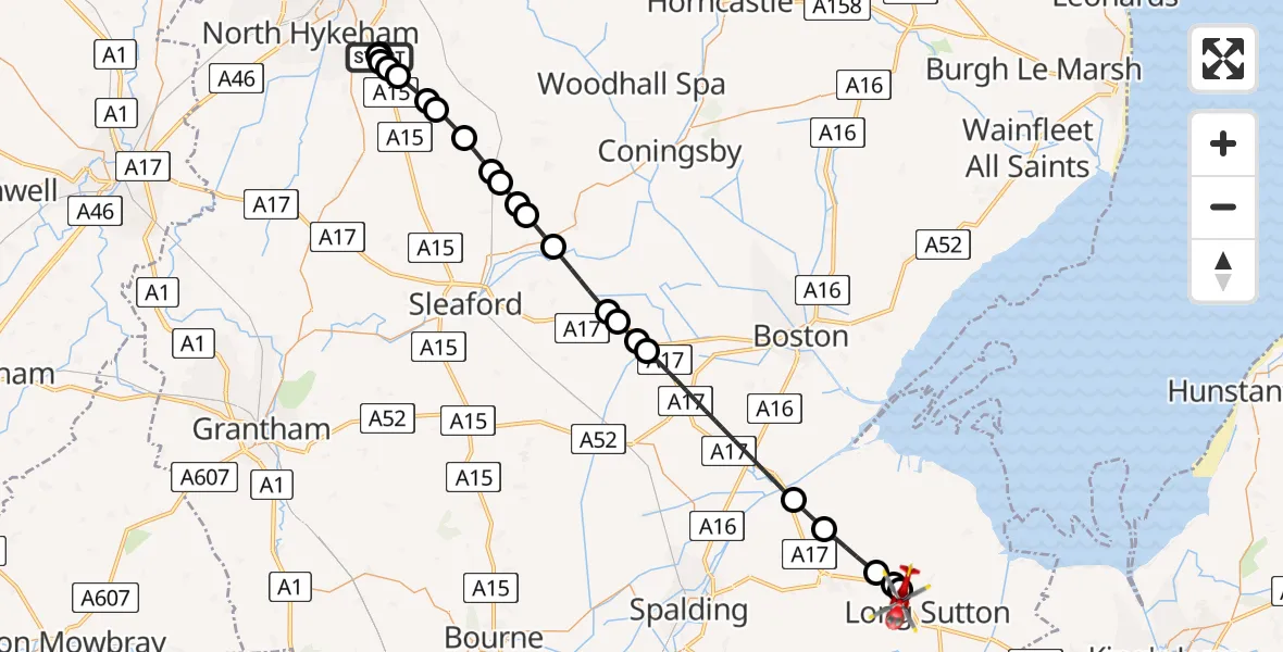 Flight route Air Ambulance Helicopter RAF Waddington - Chapelgate, 24 July 2026, 11:18