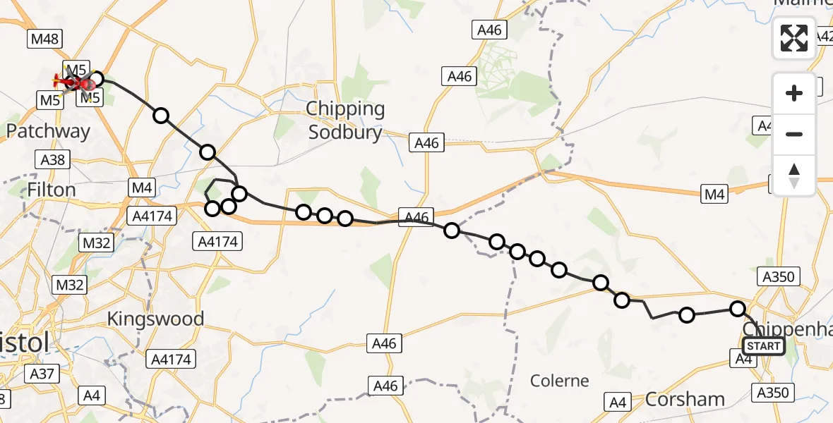 Flight route Air Ambulance Helicopter Chippenham - Almondsbury Helicopter Base, 24 July 2026, 11:26