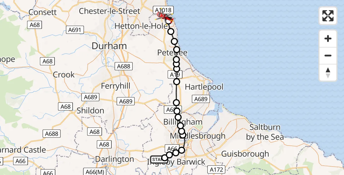 Flight route Air Ambulance Helicopter Egglescliffe - Seaham, 24 July 2026, 11:28
