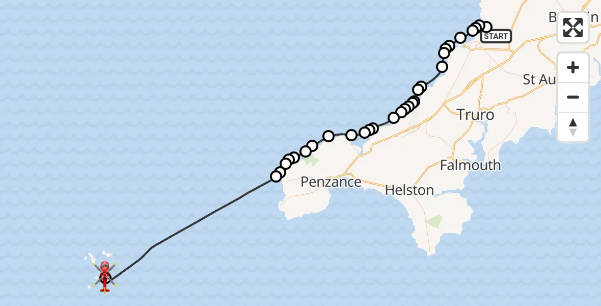 Flight route Air Ambulance Helicopter Cornwall Airport Newquay - St. Mary's Airport, 24 July 2026, 11:29