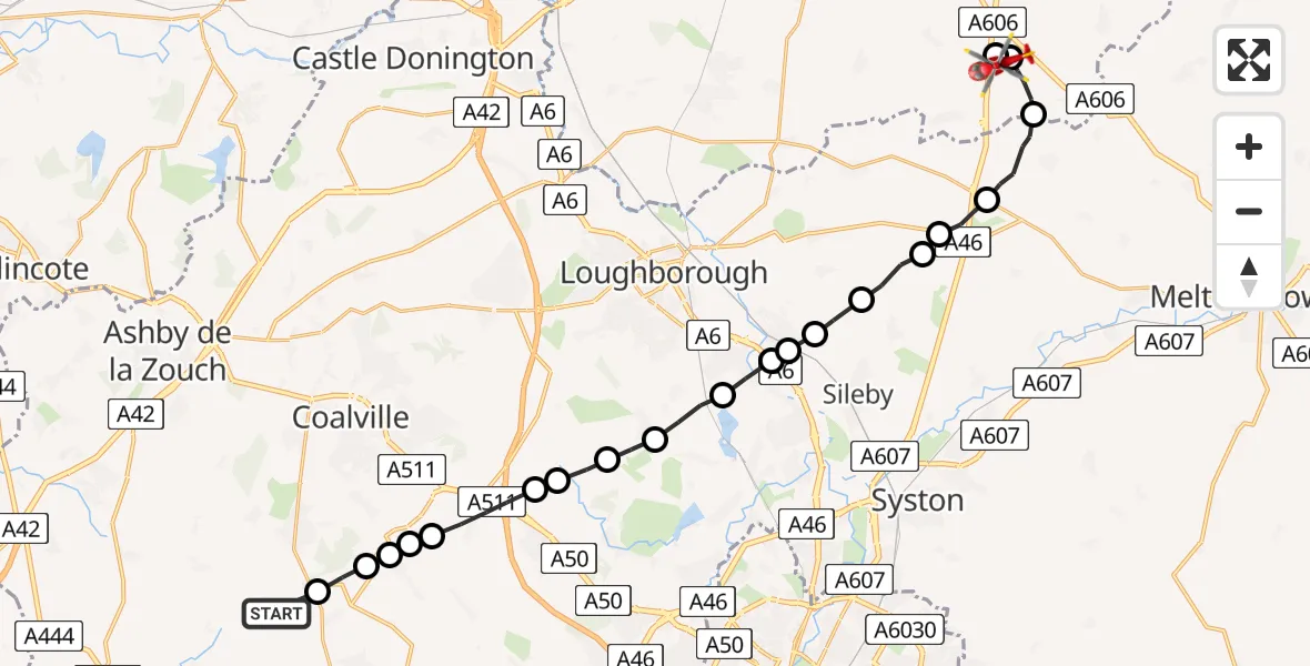 Flight route Air Ambulance Helicopter Shackerstone - Nottingham Heliport, 24 July 2026, 11:31