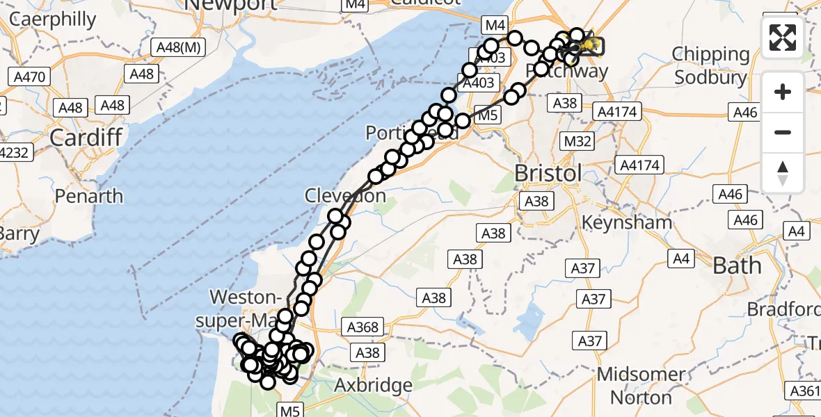 Flight route Police Helicopter Woodlands - Almondsbury Helicopter Base, 24 July 2026, 11:31